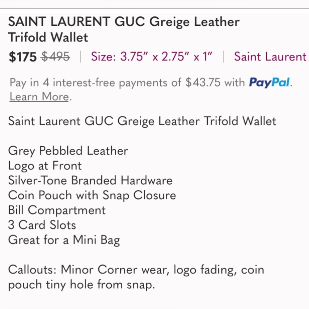 SAINT LAURENT GUC Greige Leather Trifold Wallet - Picture 2 of 14